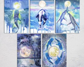 Moon Whale greeting cards pack, fine art notecards, Moon watercolor cards with envelope,  Whale watercolor card set