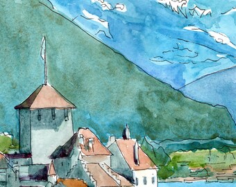 レマン湖 - スイスの絵画 レマン湖 スイスアルプス 山 壁アート、水彩