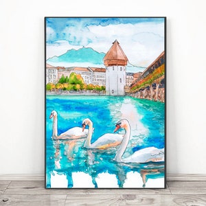 Luzern - Switzerland Art European City print, Swan Lake Mountain Wall Art, Swiss Alps Watercolor landscape painting