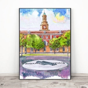 University Of North Texas Denton Art, City Skyline Watercolor Painting, UNT graduation print  University poster Cityscape wall art