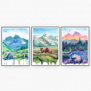 Grand Teton set of 3 art prints Watercolor Painting, National park Wall Art, Mountains Travel Poster