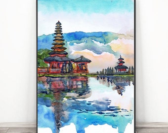 Bali Malerei - Indonesien Wand Kunst, Aquarell Asien Reise Poster - Bali Reise Druck Orientalische Landschaft