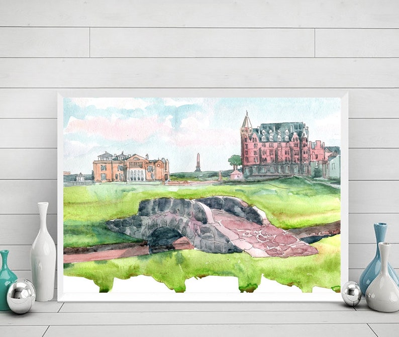 May include: Watercolor painting of a golf course with a stone bridge, a red brick building, and a tall white tower in the background.