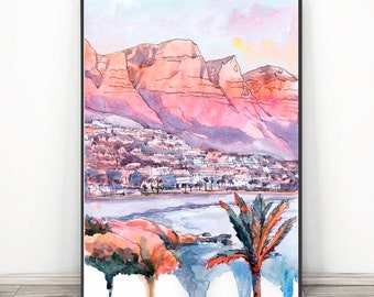 Cape Town Kunstdruck - San Junipeiro Reiseposter Wandkunst, Südafrika Stadtbild Aquarell Malerei