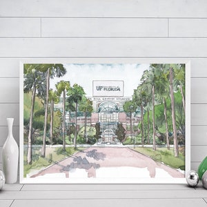 University of Florida Art, akvarellmålning av stadion, väggkonst från University of Florida Grå