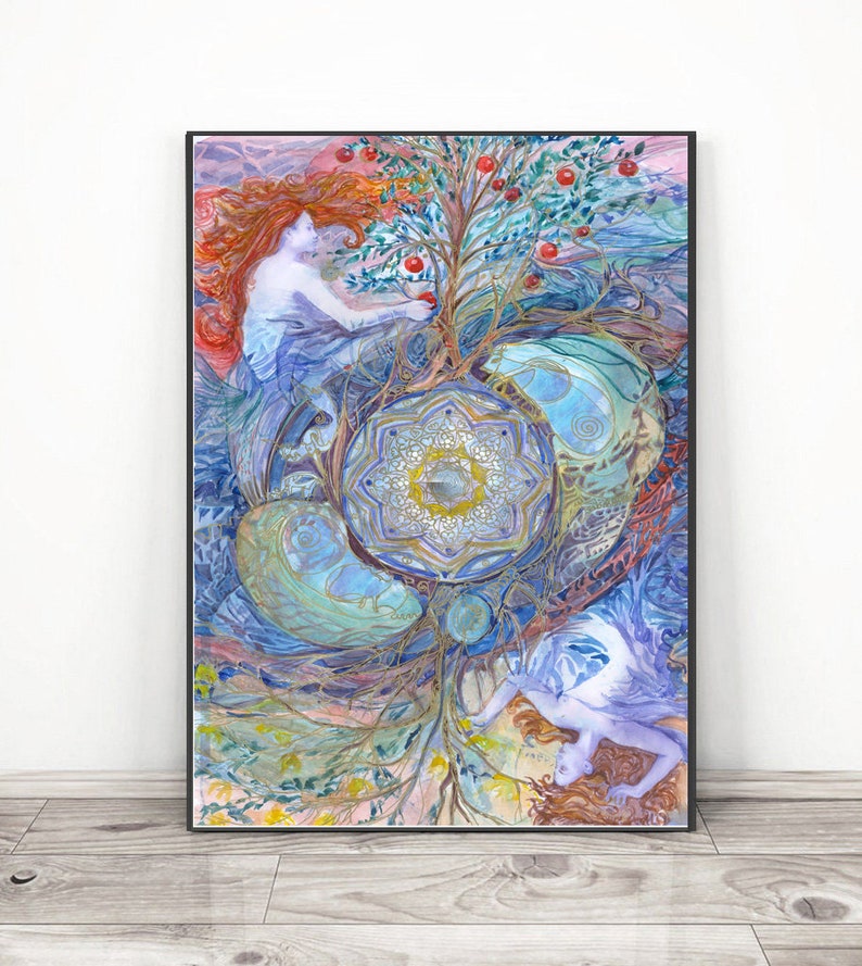 May include: A framed watercolor print featuring a vibrant, surreal scene. Two figures with flowing hair are depicted, one reaching for red fruit on a tree. The artwork incorporates blues, greens, and reds, with a central mandala-like design.
