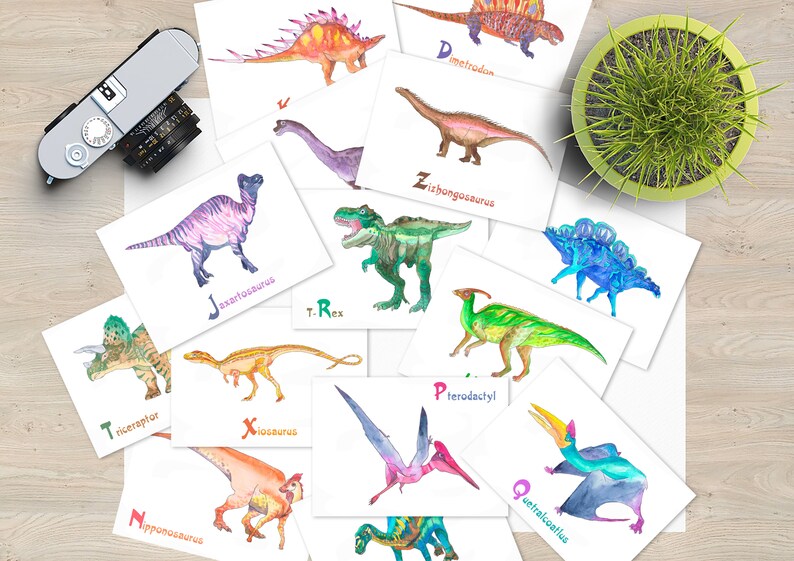 ABC Flash Cards Dinosaur 26 Alphabet Prints Animals Watercolor - Etsy