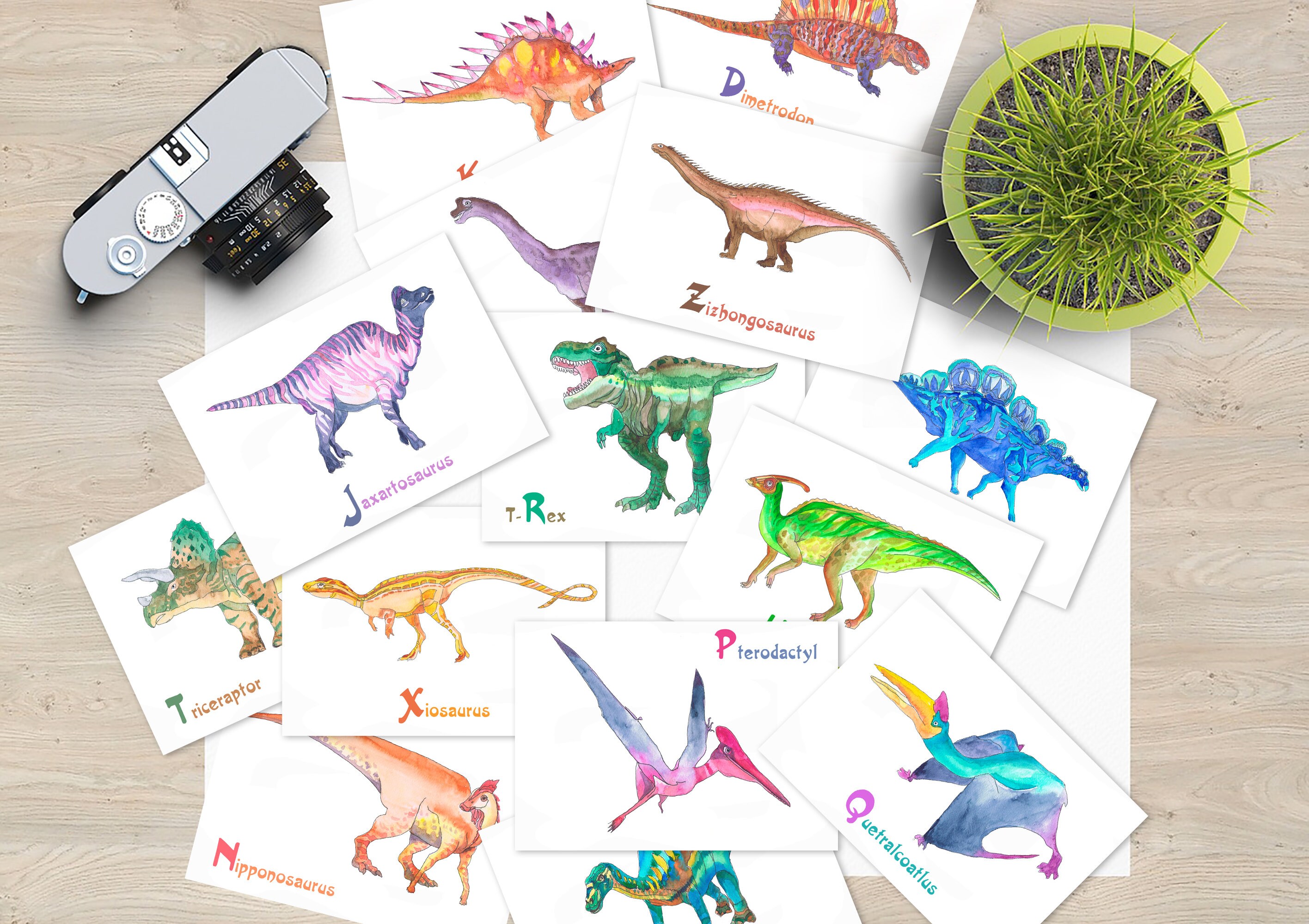 ABC Flash Cards Dinosaur 26 Alphabet Prints Animals Watercolor - Etsy