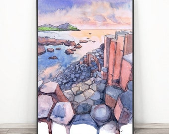 Giants Causeway Art, Northern Ireland landscape, Irish Watercolor Painting Print