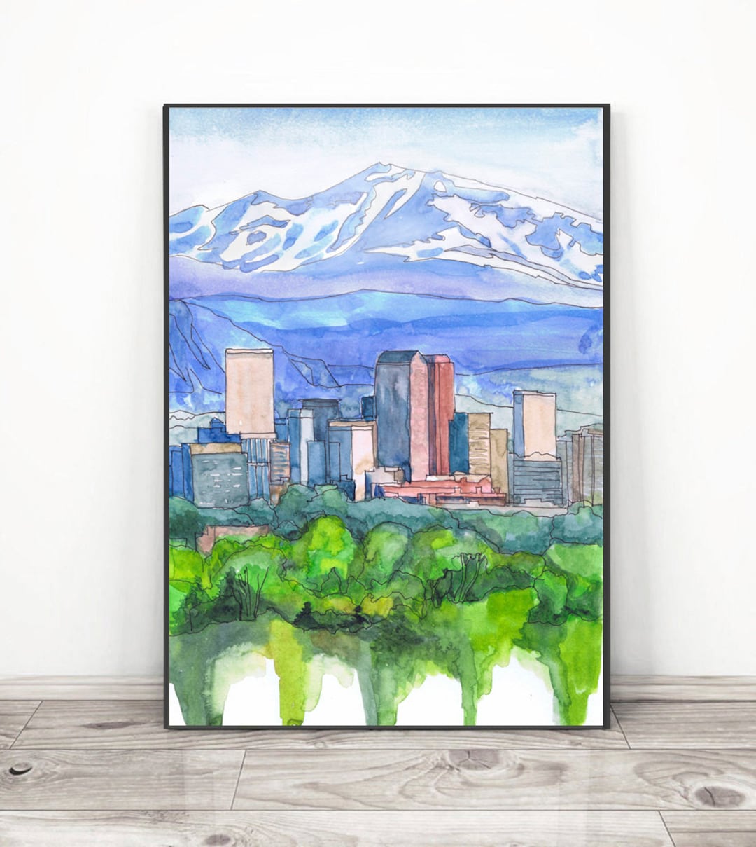 Denver Skyline Wall Art Print Watercolor Painting, City Landscape
