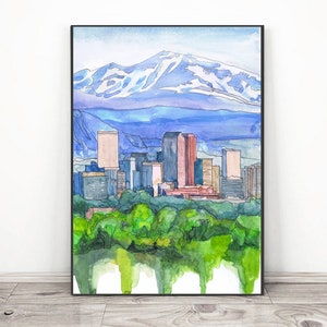 Denver  Skyline Wall Art Print Watercolor Painting,  City Landscape, Cityscape Travel Poster