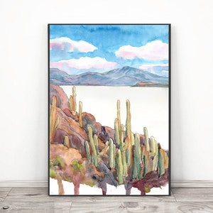 Salar de Uyuni Bolivia Art Print, Watercolor Painting Wall art, South America landscape decor Latin america Travel poster by Valentina Ra