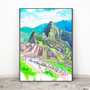 Machu Picchu Art Print, Watercolor Painting, Skyline , Landscape Peru  - Travel Poster
