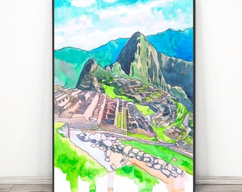 Machu Picchu Art Print, Watercolor Painting, Skyline , Landscape Peru  - Travel Poster