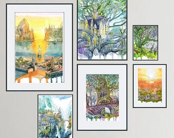 Watercolor Fantasy Landscape Art Print Set: JRR Legendarium City Painting