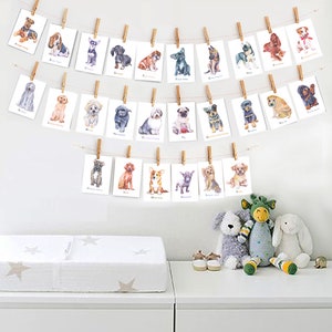 May include: A set of 26 alphabet flashcards featuring watercolor illustrations of different dog breeds. Each card has a letter of the alphabet and a corresponding dog breed. The cards are hung on a string with clothespins.