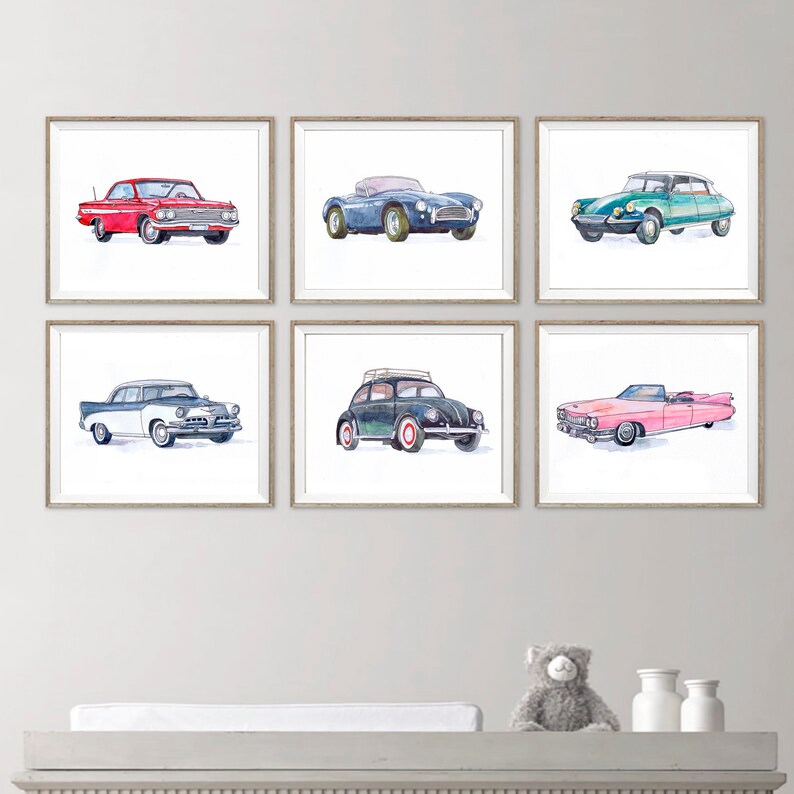 Old Car Art Gallery wall set of 6 prints Classic Car Decor Etsy