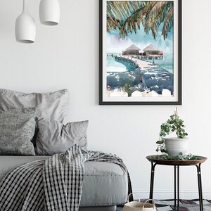 Maldives Art Print, Palm tree Beach Wall Art Watercolor Landscape Coastal Painting, Seascape Travel Poster image 5