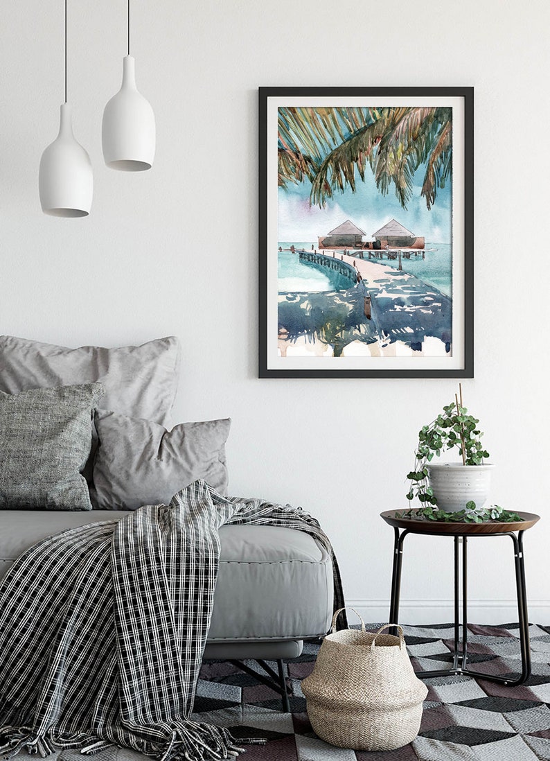 Maldives Art Print, Palm tree Beach Wall Art Watercolor Landscape Coastal Painting, Seascape Travel Poster image 5