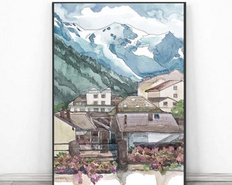モンブラン山の壁アート、シャモニーの水彩画プリント、フランス