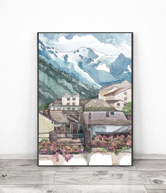 モンブラン山の壁アート、シャモニーの水彩画プリント、フランス