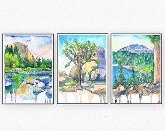 California National parks Set of 3 Prints Watercolor Painting - Joshua Tree, Kings Canyon, Lassen Volcanic, Redwood, Sequoia, Yosemite