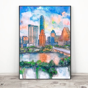 Austin Texas Wall art Skyline,  Cityscape Watercolor Painting Print, Tx Landscape by Valentina Ra