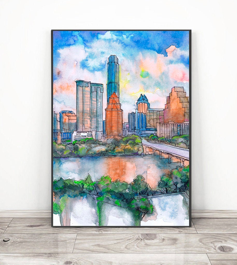 Austin Texas Wall art Skyline Cityscape Watercolor Painting Etsy