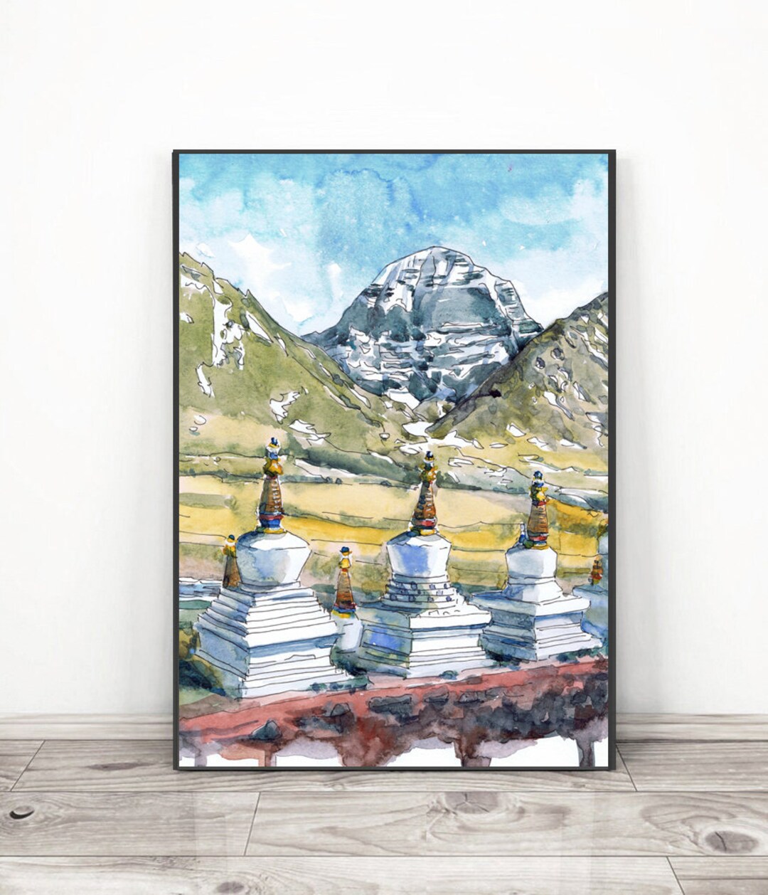 【水彩画】三水公平/ヒマラヤ/ネパール/真作/絵画/額付き/山脈/山 カイラス山 - 山の壁画、チベットヒマラヤの水彩画、アジアの旅行
