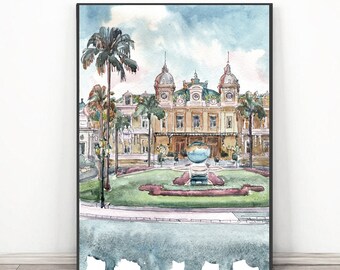 リトグラフ 石版画 モンテカルロ カジノ 額装 モナコの絵画モンテカルロカジノプリント、水彩旅行ポスター