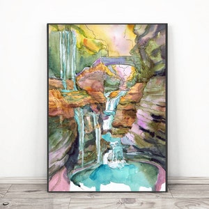 Watkins Glen Painting Print,  NY State Parks Watercolor Art, Rainbow Falls Landscape Waterfall Wall Art