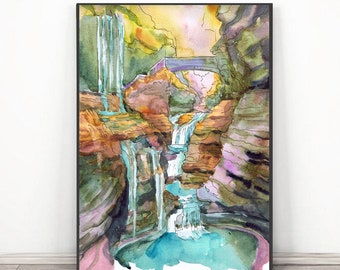 Watkins Glen Print, Aquarelle Peinture NY State Parks Art, Rainbow Falls Paysage Art Mural - Waterfall art Affiche de voyage