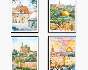 Jerusalem Art Print set of 4,  Israel Watercolor painting Asian Travel Poster, Middle east Old city cityscape wall art