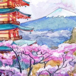 May include: Watercolor painting of a Japanese pagoda with red and yellow tiers and turquoise roofs. Pink cherry blossoms bloom in the foreground, with a snow-capped mountain and cloudy sky in the background.