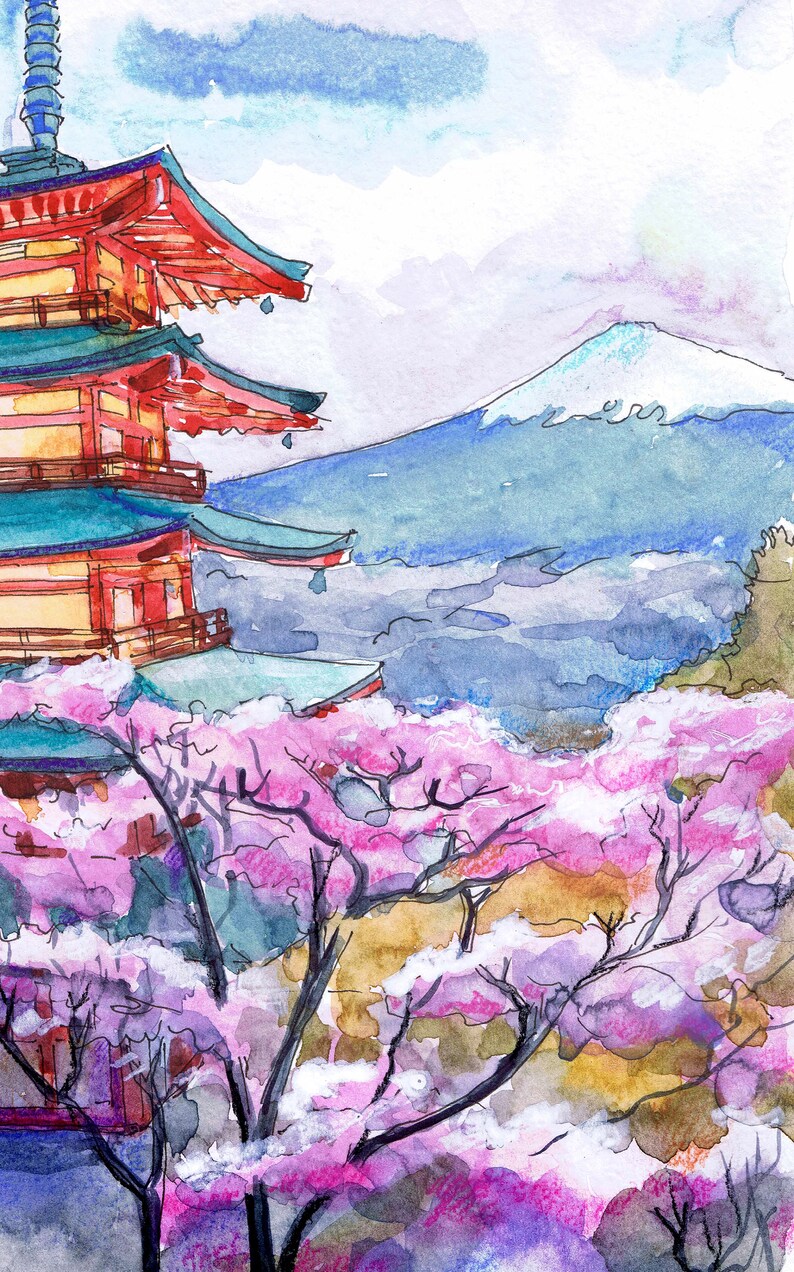May include: Watercolor painting of a Japanese pagoda with red and yellow tiers and turquoise roofs. Pink cherry blossoms bloom in the foreground, with a snow-capped mountain and cloudy sky in the background.