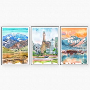 Argentinien Kunst, 3er Set Aquarell Landschaft, Buenos Aires, Anden, Patagonien Wandkunst, Südamerika Reiseplakat