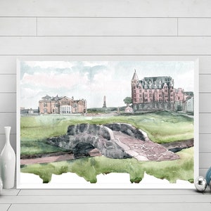 May include: Watercolor painting of a golf course with a stone bridge, a large building, and a smaller building in the background. The sky is a light blue with white clouds.