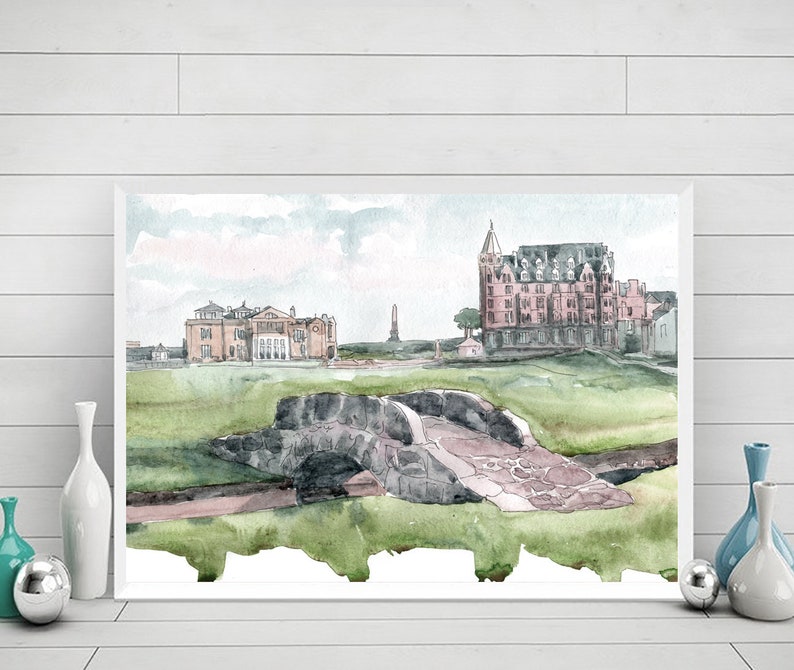 May include: Watercolor painting of a golf course with a stone bridge, a large building, and a smaller building in the background. The sky is a light blue with white clouds.