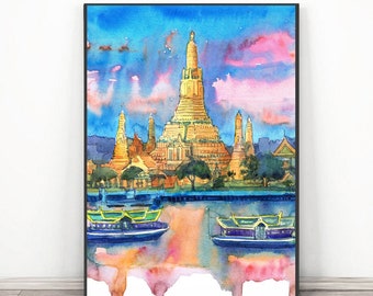 Bangkok Thai Kunstdruck - Thailand Wand Kunst Aquarell Asiatisch Reise Poster - Bangkok Reise Kunstdruck Wat Arun Orientalische Landschaftsmalerei