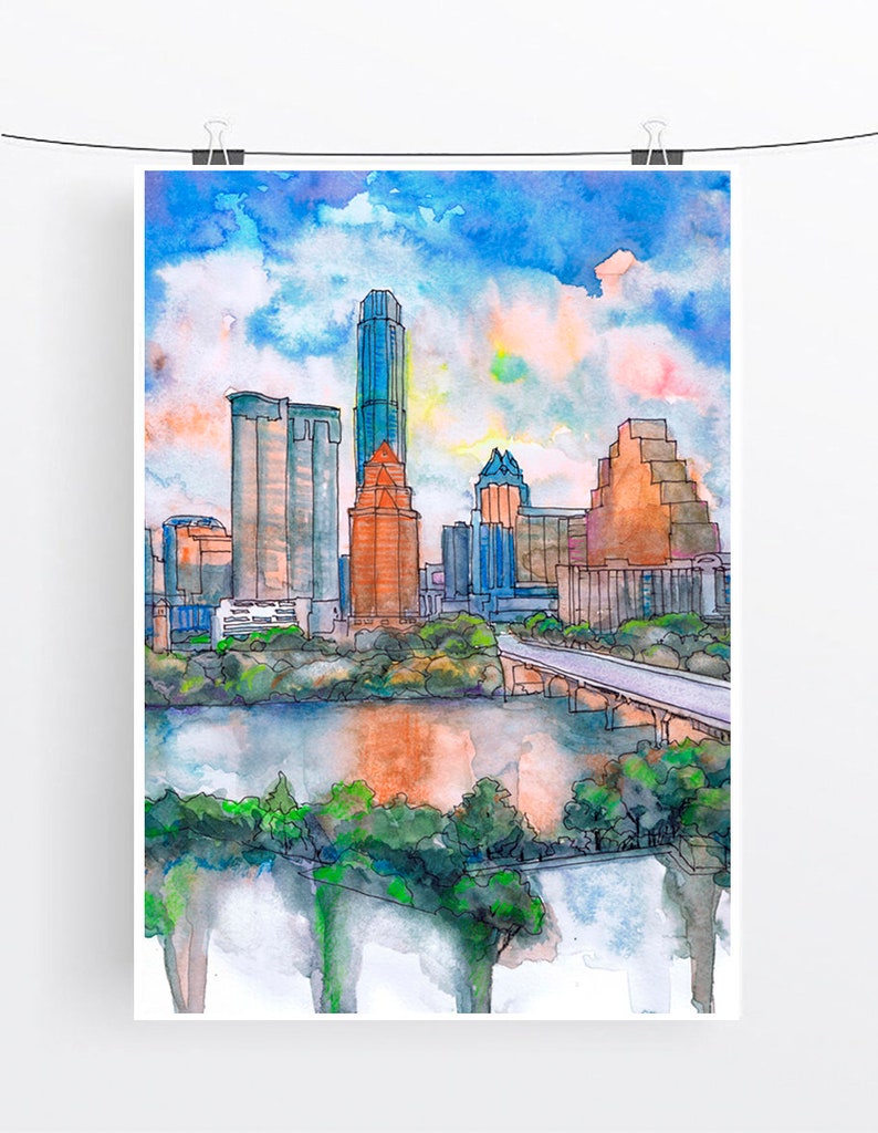 Austin Texas Wall art Skyline Cityscape Watercolor Painting Etsy