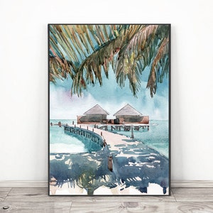 Maldives Art Print, Palm tree Beach Wall Art Watercolor Landscape Coastal Painting, Seascape Travel Poster Gray