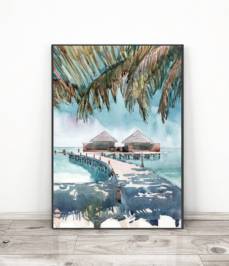 Maldives Art Print, Palm tree Beach Wall Art Watercolor Landscape Coastal Painting, Seascape Travel Poster Gray