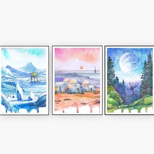 May include: Three watercolor paintings depicting scenes from the Star Wars universe. The first painting shows a snowy landscape with a large, white mountain and a small, green AT-AT walker. The second painting shows a desert landscape with a group of white buildings and a red sky. The third painting shows a forest landscape with a large, blue moon and a group of tall, green trees.