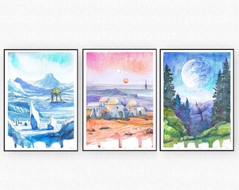 Fantastic Planets Painting Set of 3 Prints Movie posters -  Watercolor Painting Sci-fi  Travel Art Print