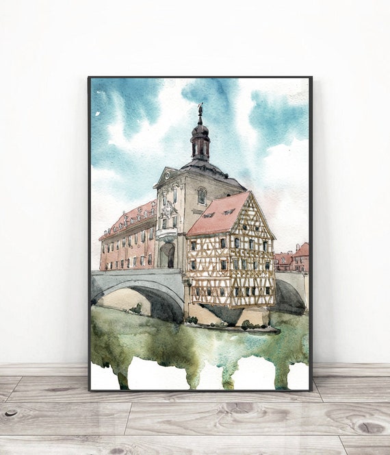 バンベルク（ドイツ）の水彩画：旧市庁舎橋のアートプリント - Etsy 日本