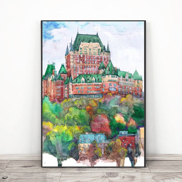 Quebec city Skyline -  Canada Art Print Watercolor painting - Chateau Frontenac Hotel Travel Poster, cityscape by Valentina Ra
