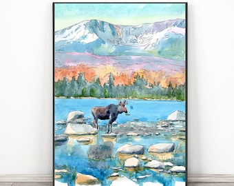 Mount Katahdin Art print - Appalachian Trail Watercolor Painting, Maine state park travel poster Mountains Wall Art, Gift for hiker