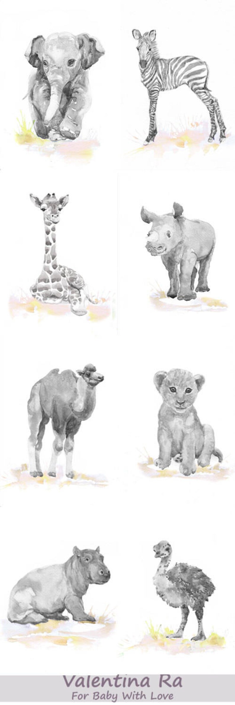 Neutral Nursery Decor, Set of 3 prints, Baby Animals Nursery, Watercolor Painting, Safari Wall Art Watercolour Print, New baby Gift, Gray image 7