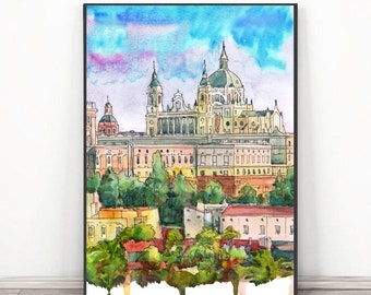 Madrid Spain Art Print, European city print Watercolor Cityscape skyline painting, Spain Travel Wall art