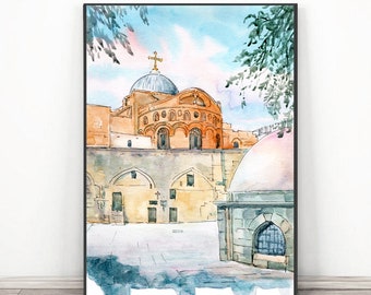 Jerusalem painting  Church of the Holy Sepulcher Israel Wall Art Print, Watercolor Travel Poster Pilgrimage Site, Middle east Old city print